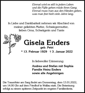 Traueranzeige von Gisela Enders von vrm-trauer Wiesbadener Kurier