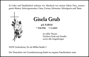 Traueranzeige von Gisela Grub von vrm-trauer AZ Mainz