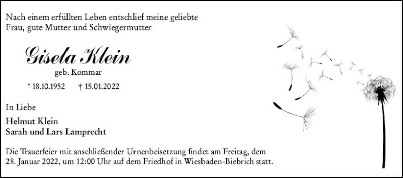 Traueranzeige für Gisela Klein vom 22.01.2022 aus vrm-trauer Wiesbadener Kurier