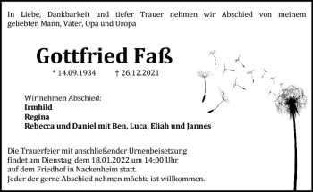 Traueranzeige von Gottfried Faß von vrm-trauer AZ Mainz