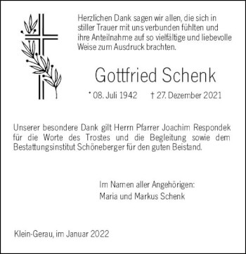 Traueranzeige von Gottfried Schenk von vrm-trauer Groß-Gerauer Echo