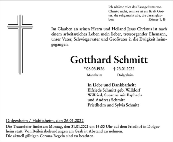 Traueranzeige von Gotthard Schmitt von vrm-trauer AZ Mainz