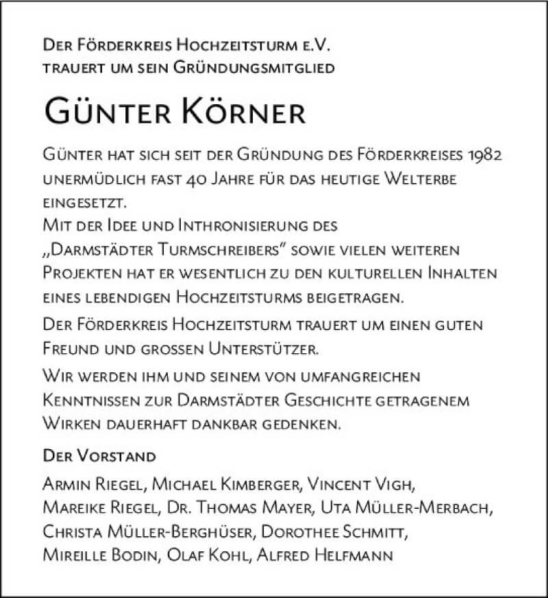  Traueranzeige für Günter Körner vom 15.01.2022 aus vrm-trauer Darmstädter Echo