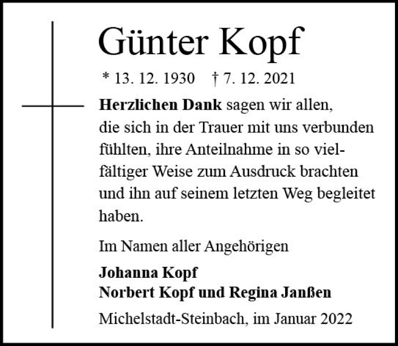  Traueranzeige für Günter Kopf vom 08.01.2022 aus vrm-trauer Odenwälder Echo