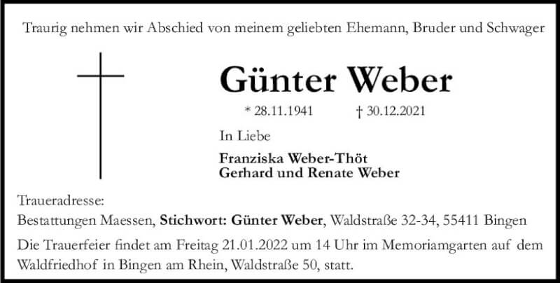  Traueranzeige für Günter Weber vom 15.01.2022 aus vrm-trauer Allgemeine  Zeitung Ingelheim-Bingen