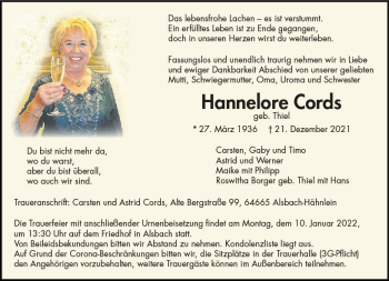 Traueranzeige von Hannelore Cords von vrm-trauer Bergsträßer Anzeiger