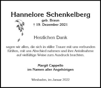 Traueranzeige von Hannelore Schenkelberg von vrm-trauer Wiesbadener Kurier