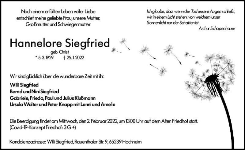  Traueranzeige für Hannelore Siegfried vom 28.01.2022 aus vrm-trauer Hochheimer Zeitung