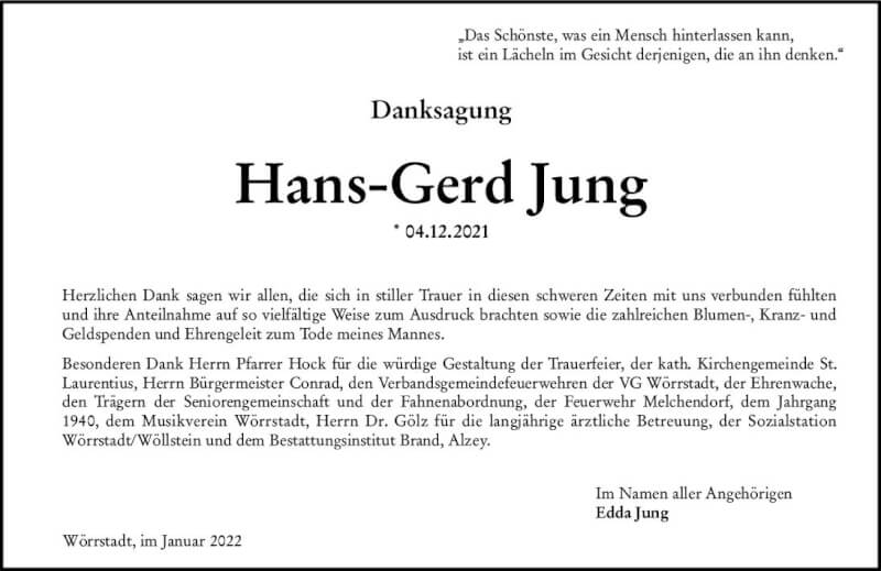 Traueranzeige für Hans-Gerd Jung vom 29.01.2022 aus vrm-trauer Allgemeine Zeitung Alzey
