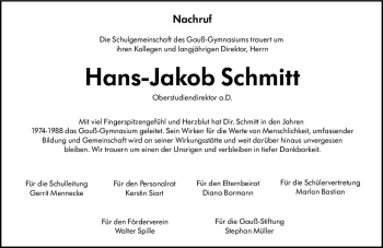 Traueranzeige von Hans-Jakob Schmitt von vrm-trauer Wormser Zeitung