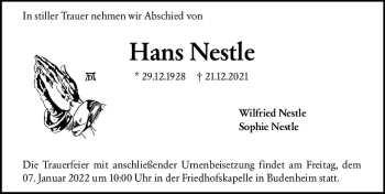 Traueranzeige von Hans Nestle von vrm-trauer AZ Mainz