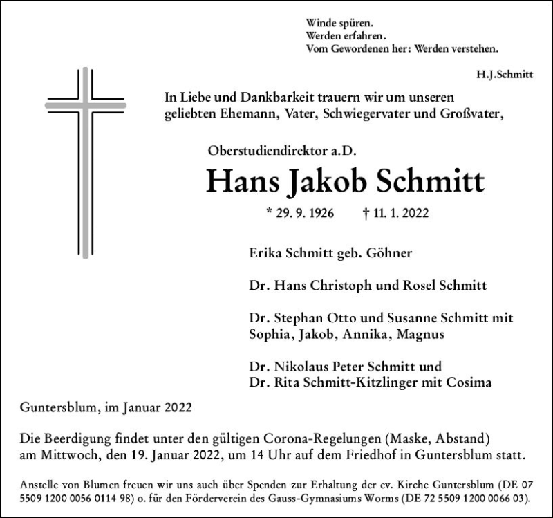  Traueranzeige für Hans Jakob Schmitt vom 14.01.2022 aus vrm-trauer Wormser Zeitung