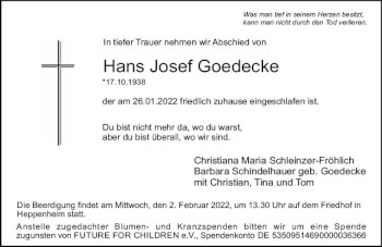 Traueranzeige von Hans Josef Goedecke von vrm-trauer Bürstädter/Lamperth. Ztg/Starkenburger