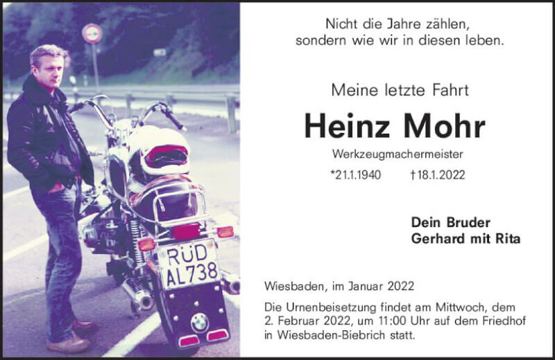  Traueranzeige für Heinz Mohr vom 29.01.2022 aus vrm-trauer Wiesbadener Kurier