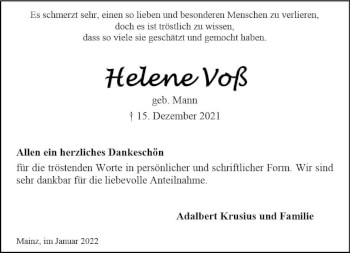 Traueranzeige von Helene Voß von vrm-trauer AZ Mainz