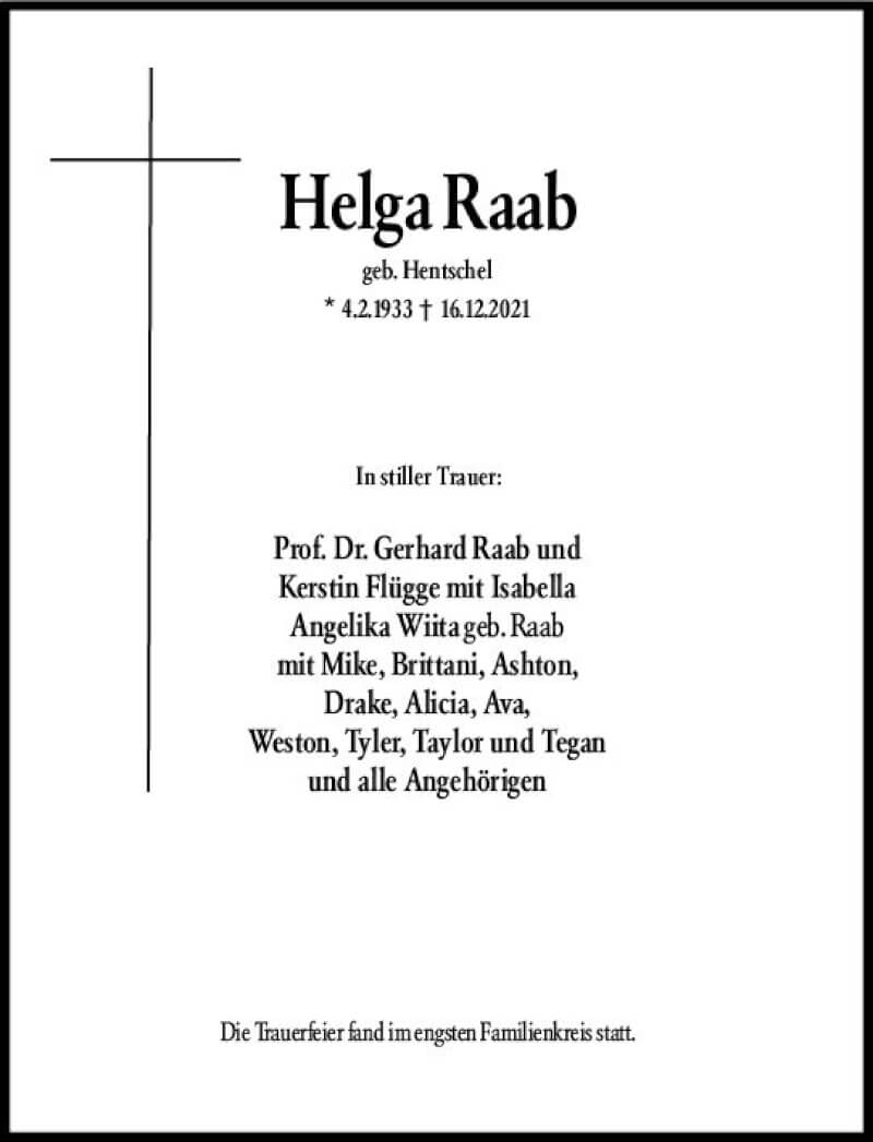  Traueranzeige für Helga Raab vom 22.01.2022 aus vrm-trauer Wiesbadener Kurier