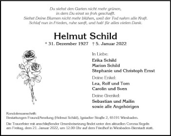 Traueranzeige von Helmut Schild von vrm-trauer Wiesbadener Kurier