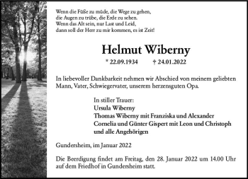 Traueranzeige von Helmut Wiberny von vrm-trauer Wormser Zeitung