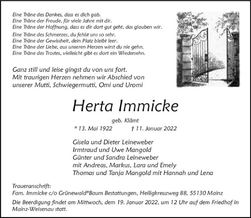  Traueranzeige für Herta Immicke vom 15.01.2022 aus vrm-trauer AZ Mainz