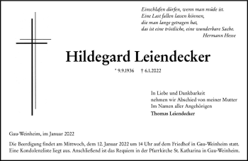 Traueranzeige von Hildegard Leiendecker von vrm-trauer Allgemeine Zeitung Alzey