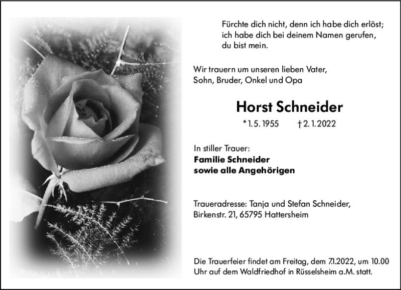  Traueranzeige für Horst Schneider vom 06.01.2022 aus vrm-trauer Rüsselsheimer Echo / MainSpitze