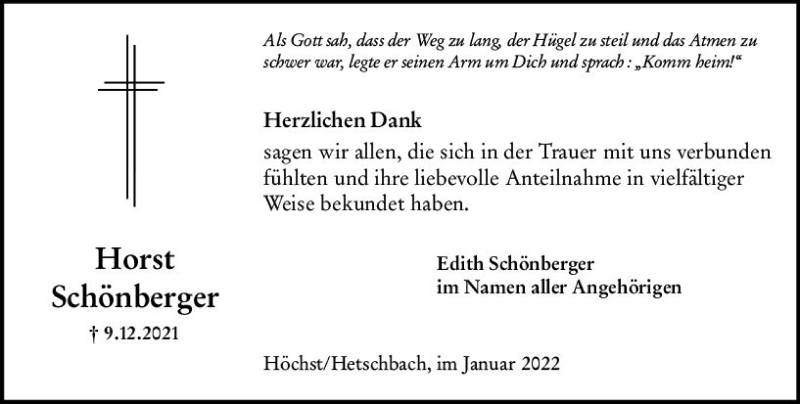  Traueranzeige für Horst Schönberger vom 08.01.2022 aus vrm-trauer Odenwälder Echo