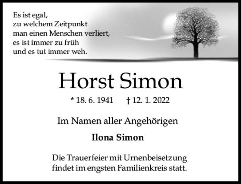  Traueranzeige für Horst Simon vom 19.01.2022 aus vrm-trauer AZ Mainz