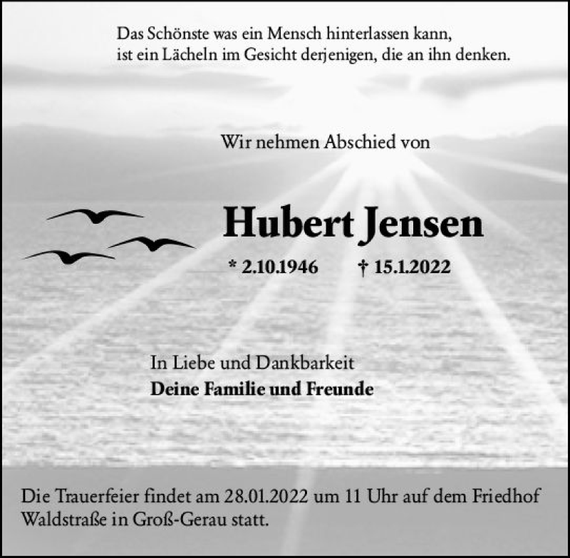  Traueranzeige für Hubert Jensen vom 27.01.2022 aus vrm-trauer Groß-Gerauer Echo