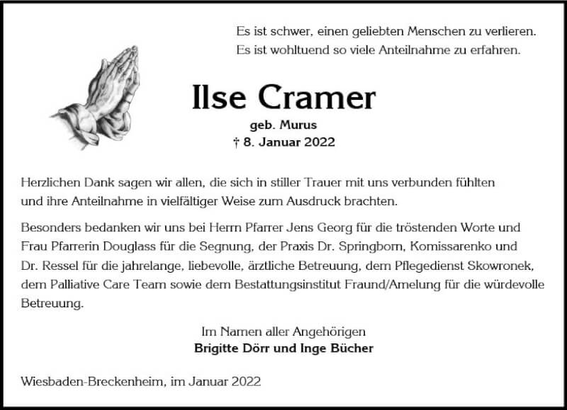  Traueranzeige für Ilse Cramer vom 29.01.2022 aus vrm-trauer Wiesbadener Kurier