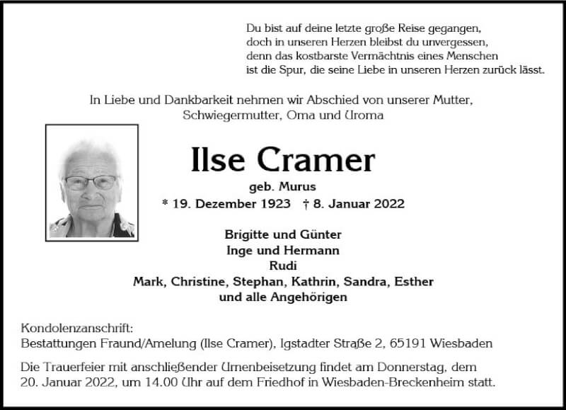  Traueranzeige für Ilse Cramer vom 15.01.2022 aus vrm-trauer Wiesbadener Kurier