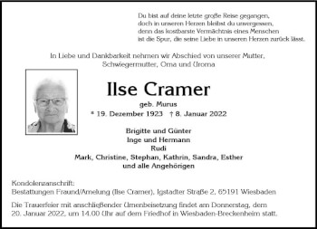 Traueranzeige von Ilse Cramer von vrm-trauer Wiesbadener Kurier