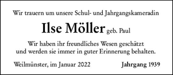 Traueranzeige von Ilse Möller von Weilburger Tageblatt