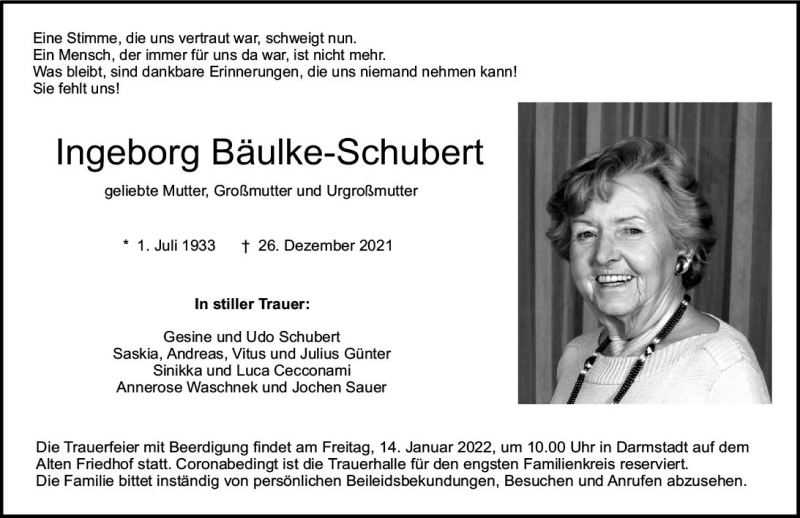  Traueranzeige für Ingeborg Bäulke-Schubert vom 05.01.2022 aus vrm-trauer Darmstädter Echo