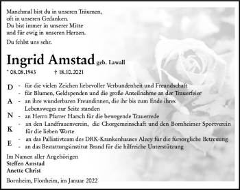 Traueranzeige von Ingrid Amstad von vrm-trauer Allgemeine Zeitung Alzey
