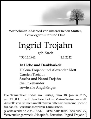 Traueranzeige von Ingrid Trojahn von vrm-trauer AZ Mainz