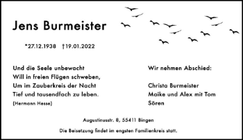 Traueranzeige von Jens Burmeister von vrm-trauer Allgemeine  Zeitung Ingelheim-Bingen