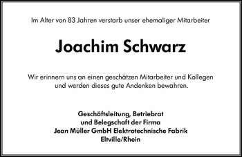 Traueranzeige von Joachim Schwarz von vrm-trauer Rheingau