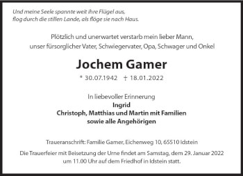 Traueranzeige von Jochem Gamer von vrm-trauer Idsteiner Zeitung