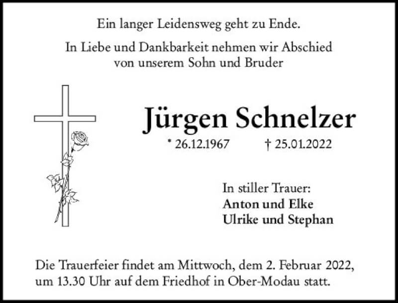 Traueranzeige für Jürgen Schnelzer vom 29.01.2022 aus vrm-trauer Darmstädter Echo