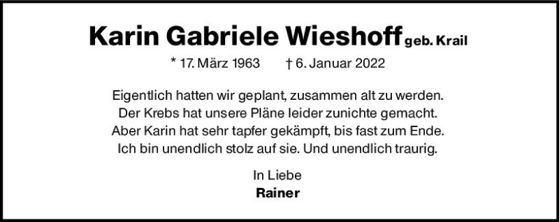  Traueranzeige für Karin Gabriele Wieshoff vom 08.01.2022 aus vrm-trauer DieburgerAnzeiger/Groß-Zimmerner Lokala