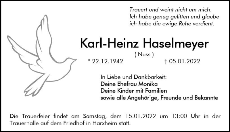  Traueranzeige für Karl-Heinz Haselmeyer vom 12.01.2022 aus vrm-trauer AZ Mainz