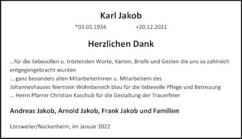 Traueranzeige von Karl Jakob von vrm-trauer AZ Mainz