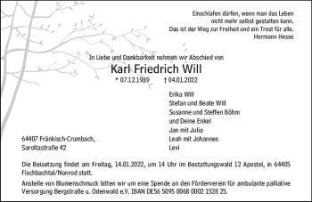 Traueranzeige von Karl Friedrich Will von vrm-trauer Odenwälder Echo