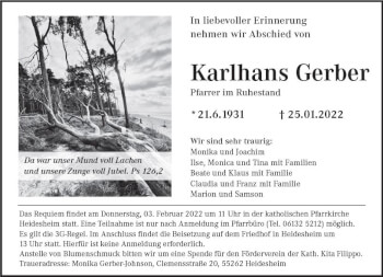 Traueranzeige von Karlhans Gerber von vrm-trauer Allgemeine  Zeitung Ingelheim-Bingen