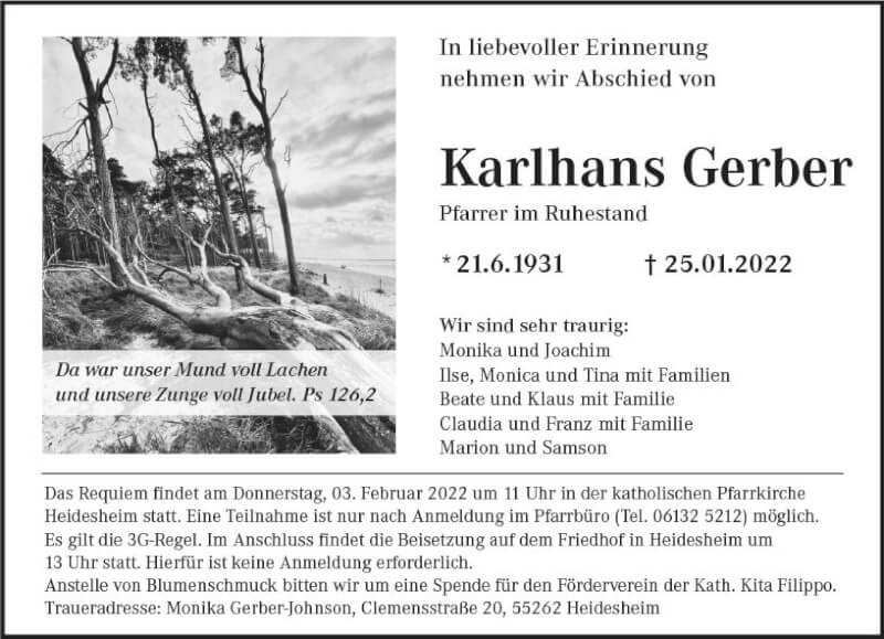  Traueranzeige für Karlhans Gerber vom 29.01.2022 aus vrm-trauer Allgemeine  Zeitung Ingelheim-Bingen