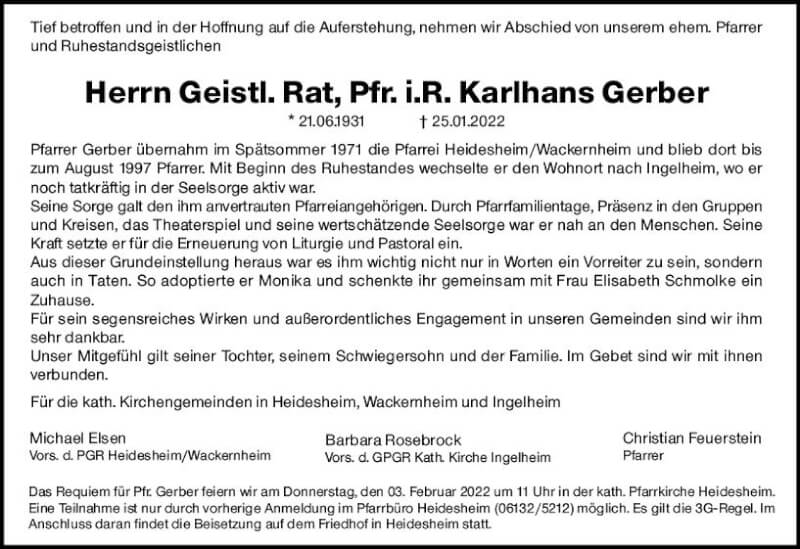  Traueranzeige für Karlhans Gerber vom 29.01.2022 aus vrm-trauer Allgemeine  Zeitung Ingelheim-Bingen