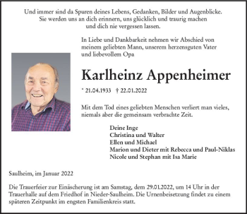 Traueranzeige von Karlheinz Appenheimer von vrm-trauer Allgemeine Zeitung Alzey