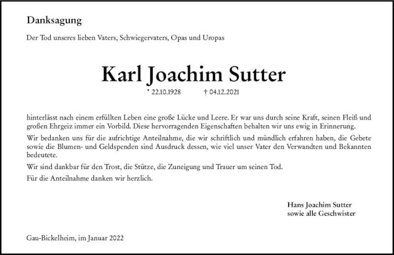  Traueranzeige für Karl Joachim Sutter vom 15.01.2022 aus vrm-trauer Allgemeine Zeitung Alzey
