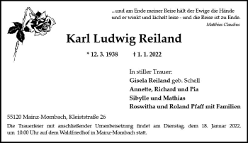 Traueranzeige von Karl Ludwig Reiland von vrm-trauer AZ Mainz