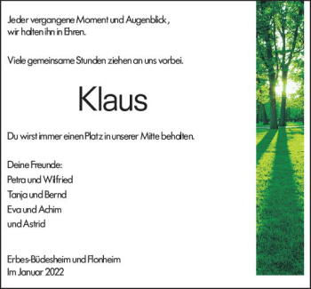Traueranzeige von Klaus  von vrm-trauer Allgemeine Zeitung Alzey